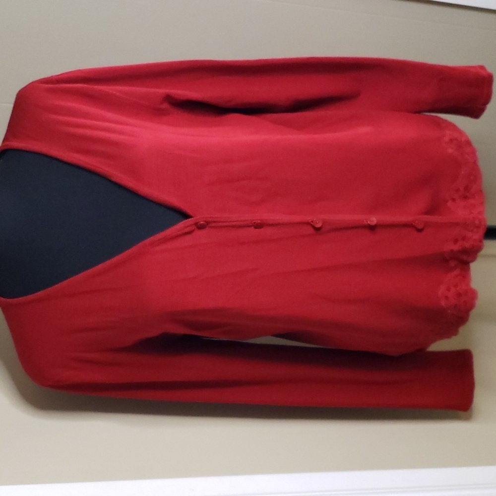 Vintage Red Silk Talbots Cardigan with Lace Trim Size Medium